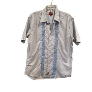 VTG Tommy Hilfiger Red Label Denim Mens Short Sleeve Button Shirt XL Blue Stripe